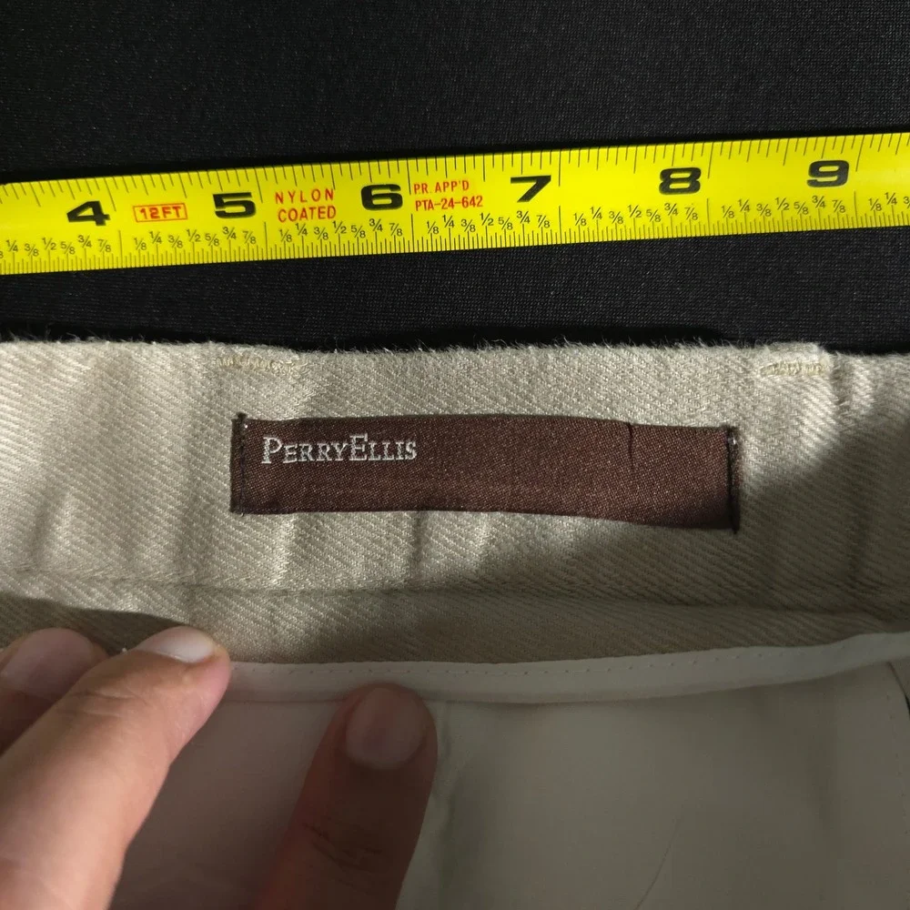 Perry Ellis Linen Pants Mens 36x32 Beige Khaki Straight Leg Flat Front Trousers